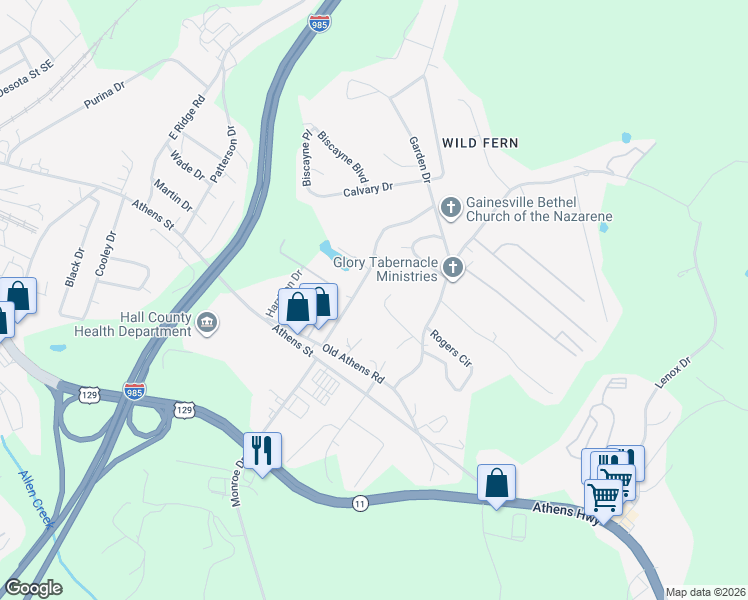 map of restaurants, bars, coffee shops, grocery stores, and more near 1429 Floyd Circle in Gainesville