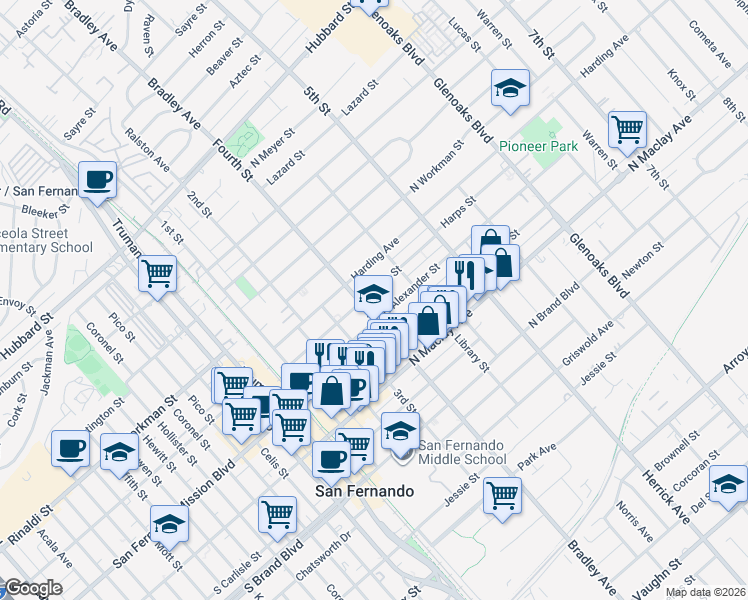 map of restaurants, bars, coffee shops, grocery stores, and more near 411 North Alexander Street in San Fernando