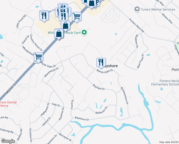 map of restaurants, bars, coffee shops, grocery stores, and more near 7909 Pawleys Lane in Wilmington