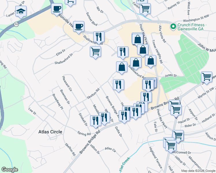 map of restaurants, bars, coffee shops, grocery stores, and more near 1441 Hudgins Street in Gainesville