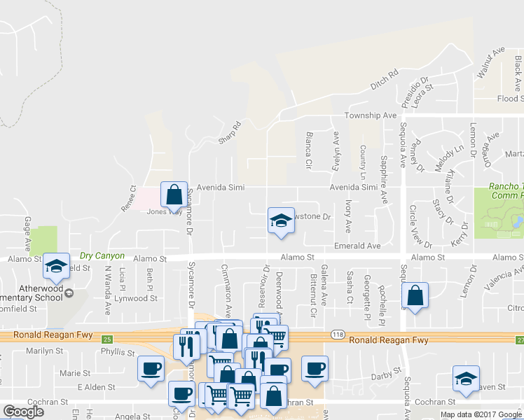 map of restaurants, bars, coffee shops, grocery stores, and more near 2951 Reservoir Drive in Simi Valley
