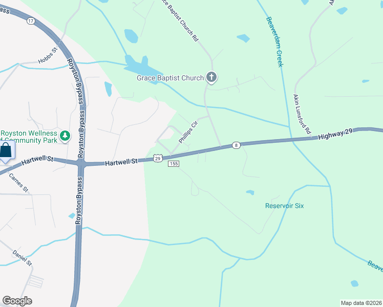 map of restaurants, bars, coffee shops, grocery stores, and more near 10671 Royston Hwy in Royston