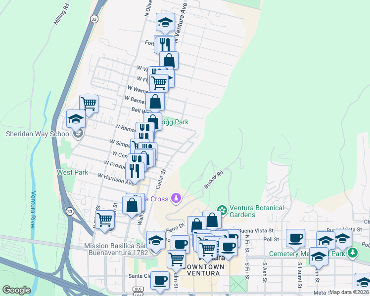 map of restaurants, bars, coffee shops, grocery stores, and more near 676 Cedar Street in Ventura