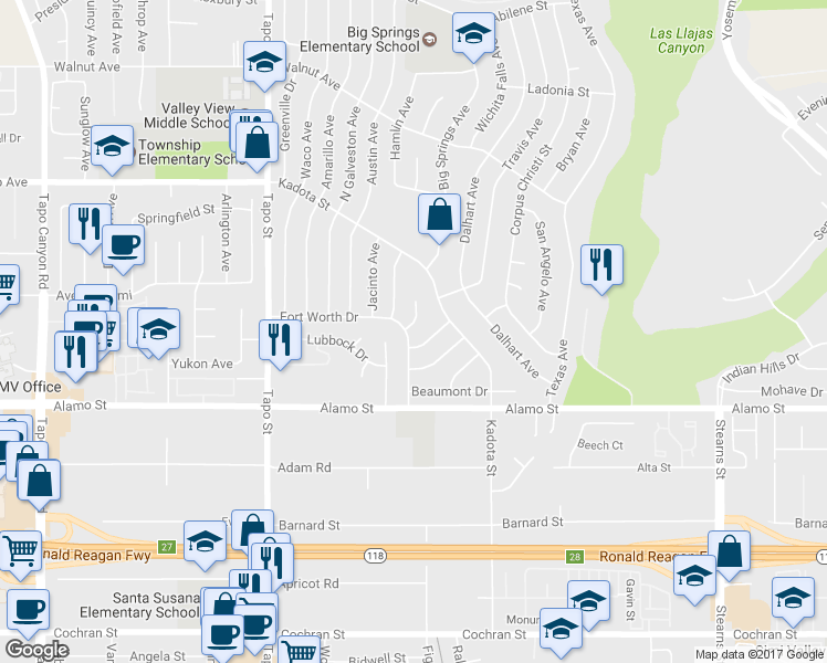 map of restaurants, bars, coffee shops, grocery stores, and more near 3008 Cisco Court in Simi Valley