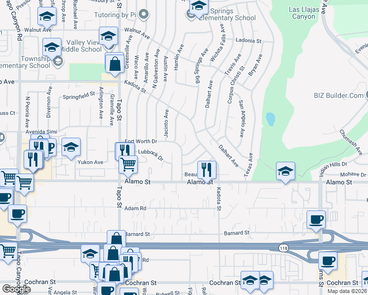 map of restaurants, bars, coffee shops, grocery stores, and more near 3008 Cisco Court in Simi Valley