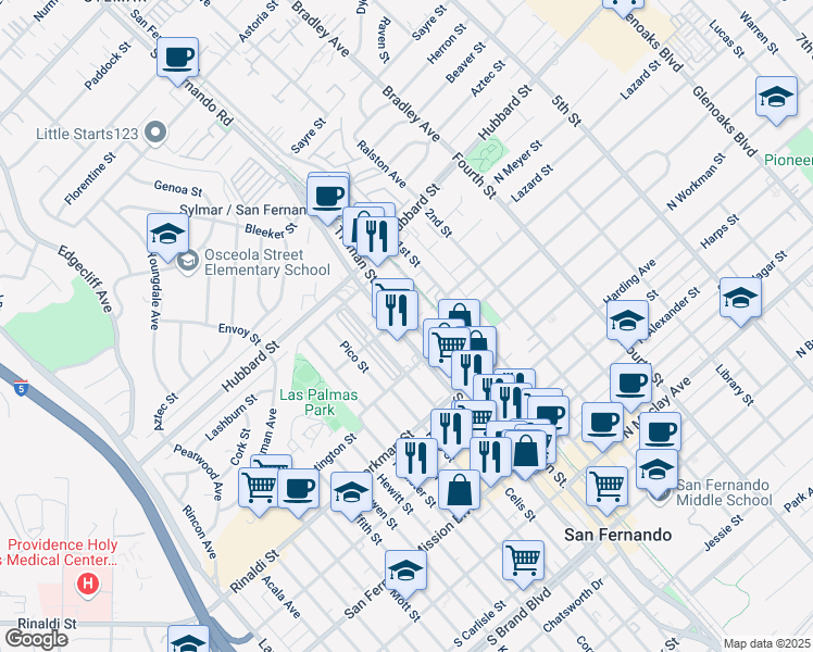 map of restaurants, bars, coffee shops, grocery stores, and more near 1547 San Fernando Road in San Fernando