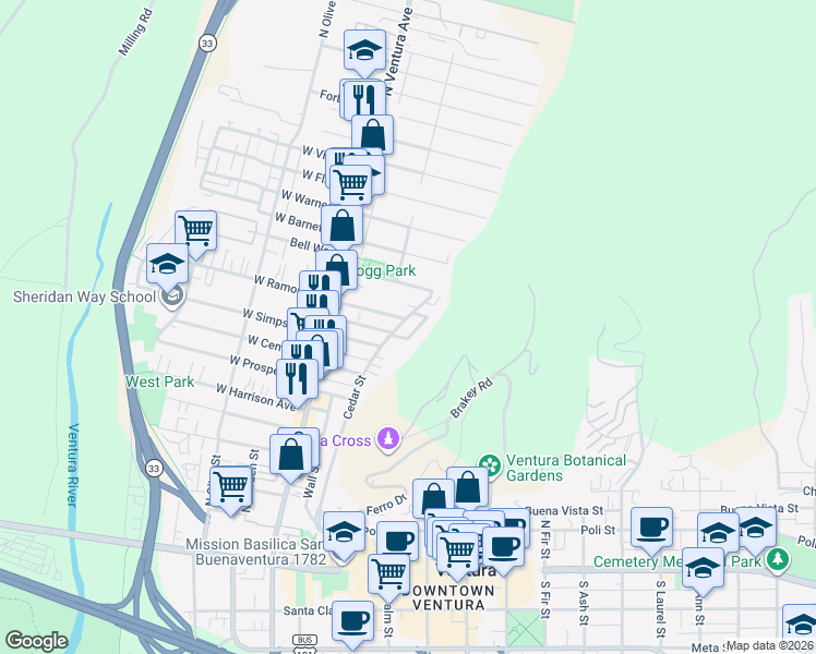 map of restaurants, bars, coffee shops, grocery stores, and more near 676 Cedar Street in Ventura