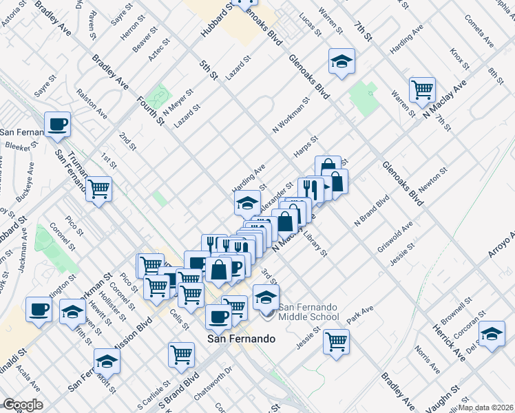 map of restaurants, bars, coffee shops, grocery stores, and more near 427 North Alexander Street in San Fernando