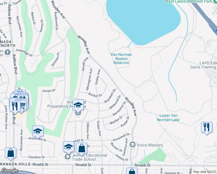 map of restaurants, bars, coffee shops, grocery stores, and more near 16350 Buchet Drive in Los Angeles