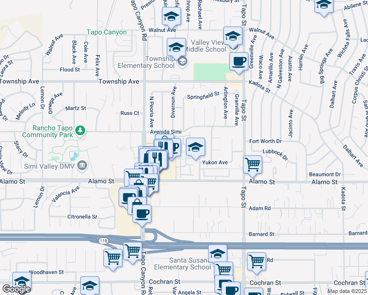 map of restaurants, bars, coffee shops, grocery stores, and more near 2964 Camelita Way in Simi Valley