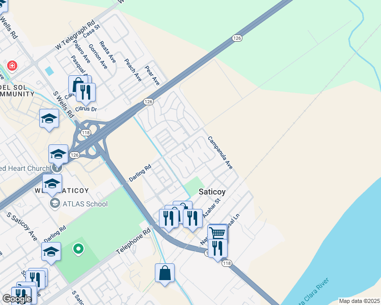 map of restaurants, bars, coffee shops, grocery stores, and more near 11370 Darling Road in Ventura