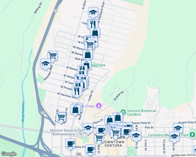 map of restaurants, bars, coffee shops, grocery stores, and more near 160 East Ramona Street in Ventura