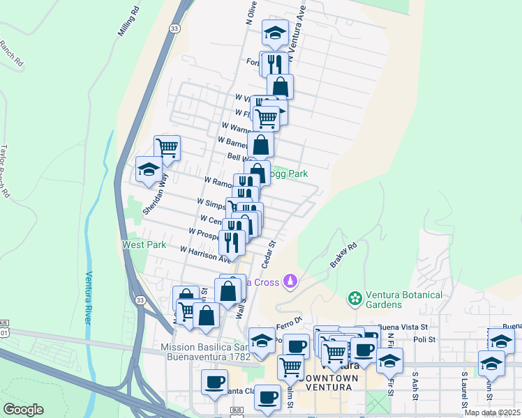 map of restaurants, bars, coffee shops, grocery stores, and more near 624 North Ventura Avenue in Ventura