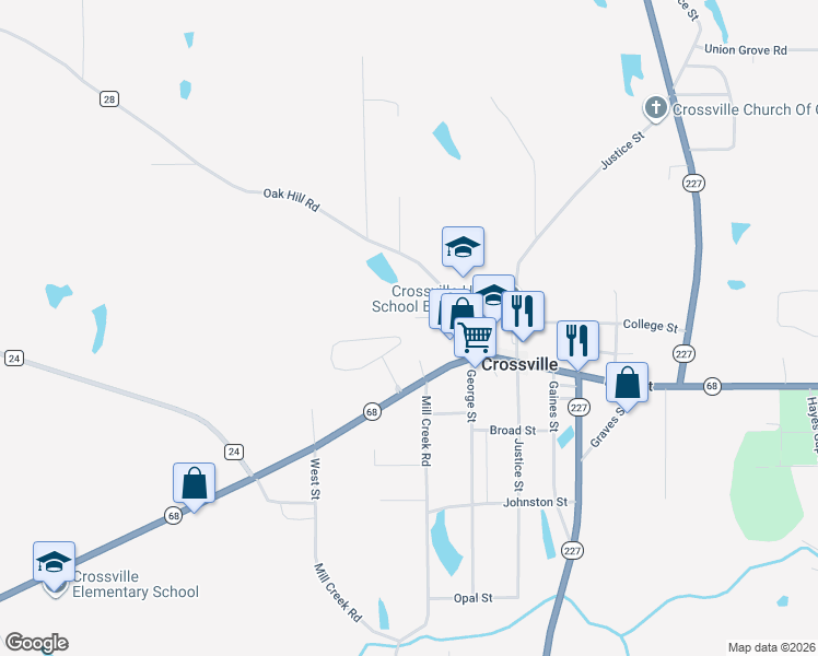 map of restaurants, bars, coffee shops, grocery stores, and more near 14838 Alabama 68 in Crossville