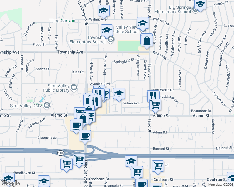 map of restaurants, bars, coffee shops, grocery stores, and more near 4194 Alicia Way in Simi Valley