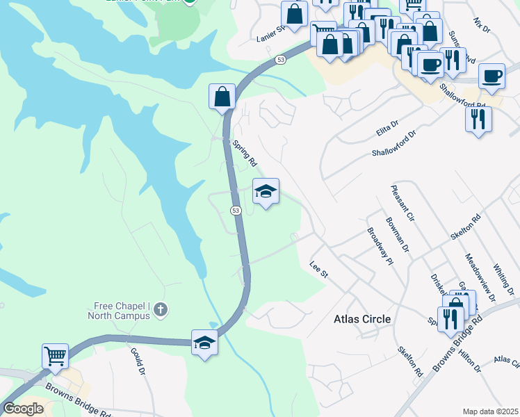map of restaurants, bars, coffee shops, grocery stores, and more near 1145 McEver Road in Gainesville