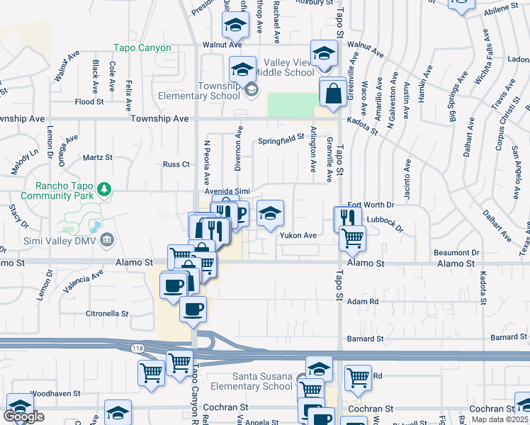map of restaurants, bars, coffee shops, grocery stores, and more near 2947 Fairbanks Avenue in Simi Valley