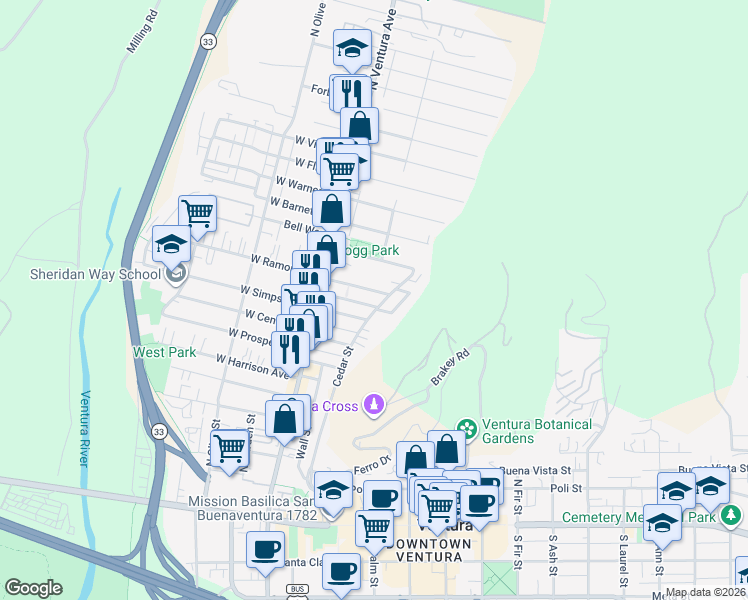 map of restaurants, bars, coffee shops, grocery stores, and more near 633 Cedar Street in Ventura