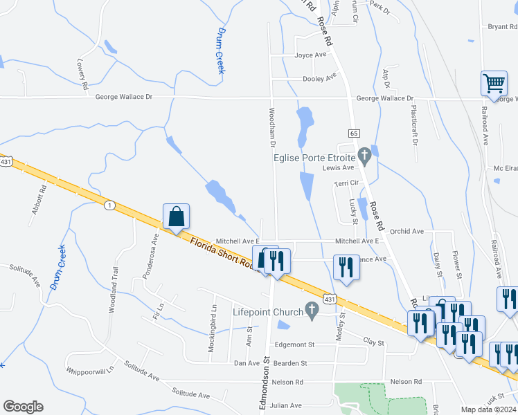 map of restaurants, bars, coffee shops, grocery stores, and more near 151 Woodham Drive in Albertville