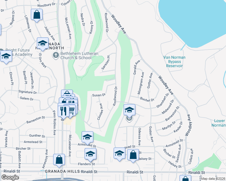 map of restaurants, bars, coffee shops, grocery stores, and more near 16711 Knollwood Drive in Los Angeles