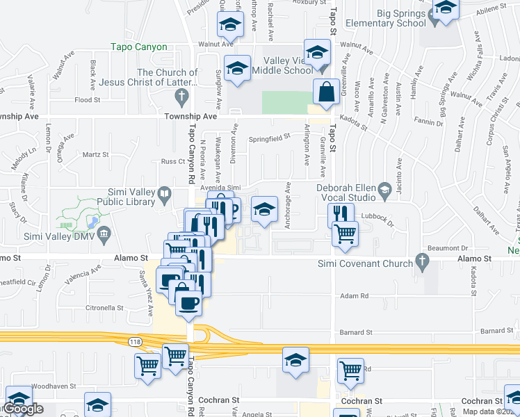 map of restaurants, bars, coffee shops, grocery stores, and more near 2947 Fairbanks Avenue in Simi Valley