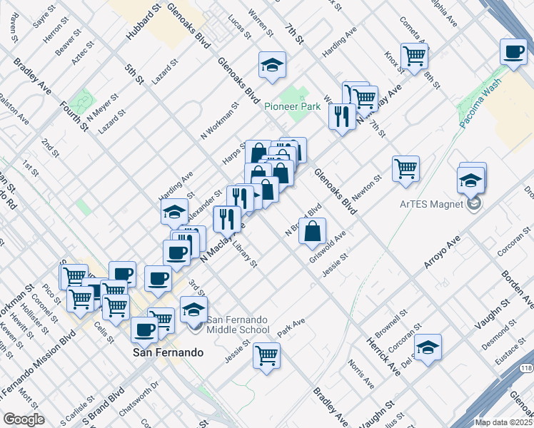 map of restaurants, bars, coffee shops, grocery stores, and more near 1003 5th Street in San Fernando