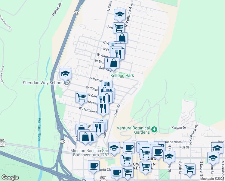 map of restaurants, bars, coffee shops, grocery stores, and more near 624 North Ventura Avenue in Ventura