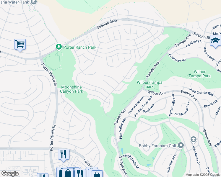map of restaurants, bars, coffee shops, grocery stores, and more near 19668 Pine Valley Way in Los Angeles