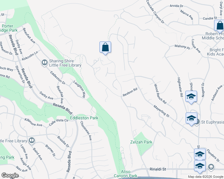 map of restaurants, bars, coffee shops, grocery stores, and more near 18169 North Knoll Hill in Los Angeles
