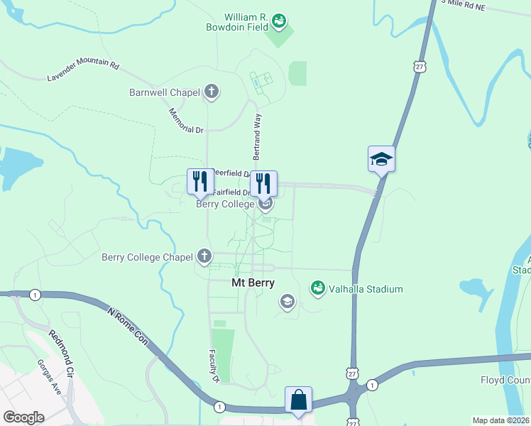 map of restaurants, bars, coffee shops, grocery stores, and more near 2277 Martha Berry Highway in Mount Berry