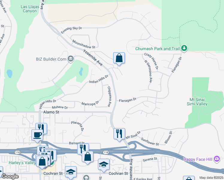map of restaurants, bars, coffee shops, grocery stores, and more near 2934 Chippewa Avenue in Simi Valley