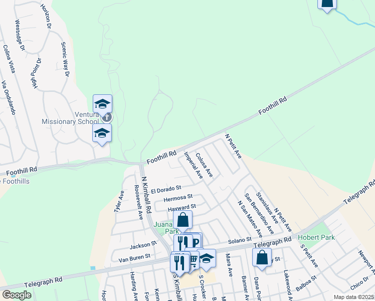 map of restaurants, bars, coffee shops, grocery stores, and more near 8117 Calaveras Street in Ventura