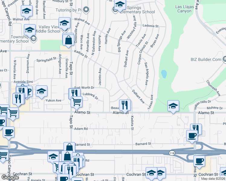 map of restaurants, bars, coffee shops, grocery stores, and more near 3024 Cisco Court in Simi Valley