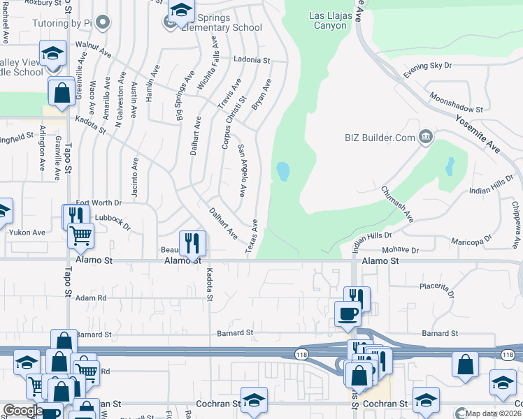 map of restaurants, bars, coffee shops, grocery stores, and more near 2948 Texas Avenue in Simi Valley