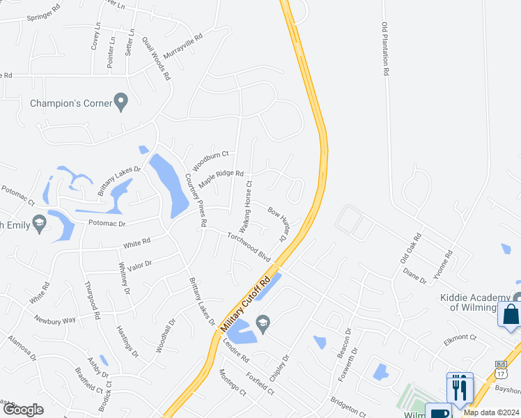 map of restaurants, bars, coffee shops, grocery stores, and more near 2727 Bow Hunter Drive in Wilmington