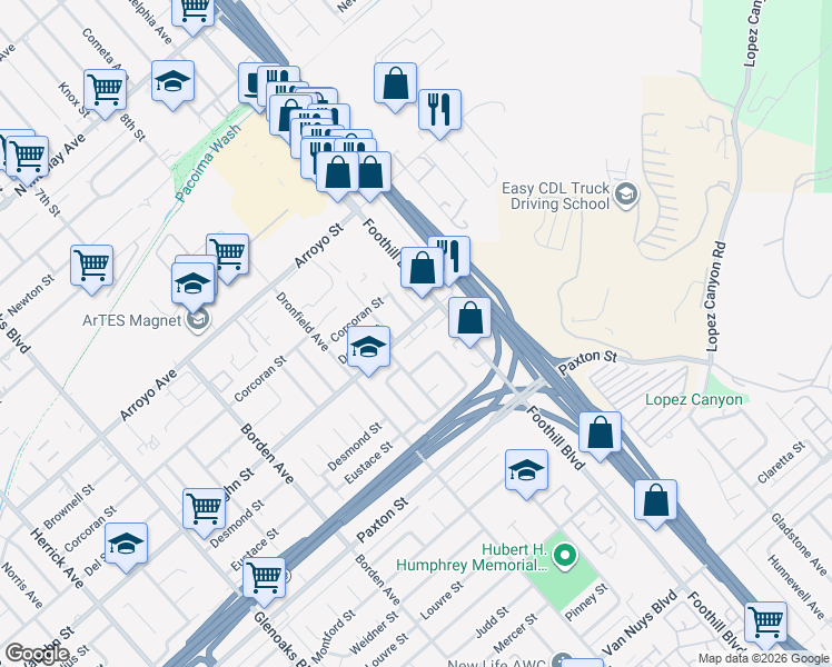 map of restaurants, bars, coffee shops, grocery stores, and more near 12835 West Hemingway Drive in San Fernando