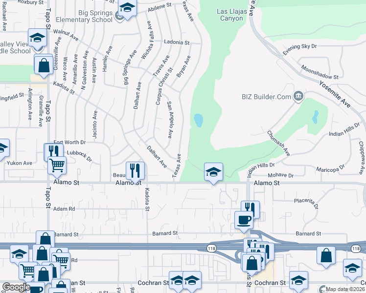 map of restaurants, bars, coffee shops, grocery stores, and more near 2948 Texas Avenue in Simi Valley
