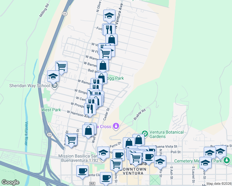 map of restaurants, bars, coffee shops, grocery stores, and more near 633 Cedar Street in Ventura