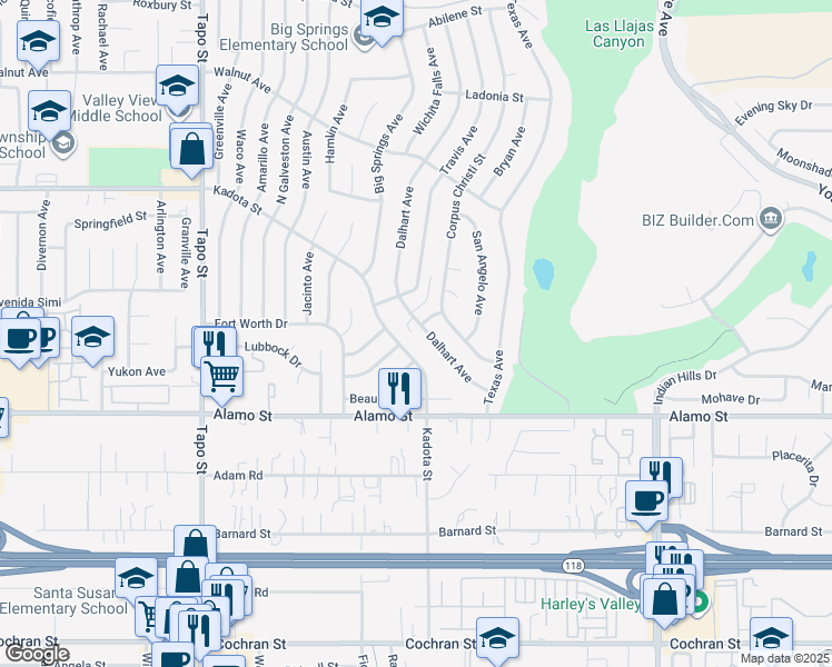 map of restaurants, bars, coffee shops, grocery stores, and more near 2945 Dalhart Avenue in Simi Valley