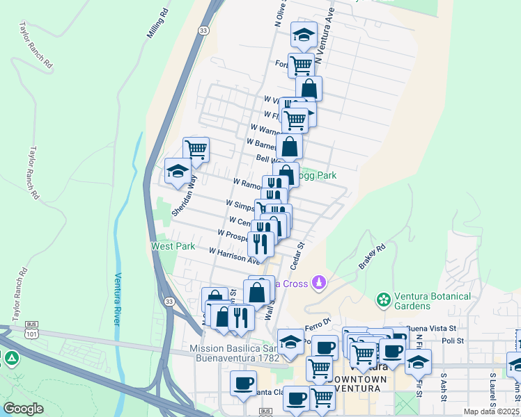 map of restaurants, bars, coffee shops, grocery stores, and more near 79 West Simpson Street in Ventura