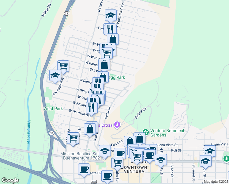 map of restaurants, bars, coffee shops, grocery stores, and more near 633 Cedar Street in Ventura