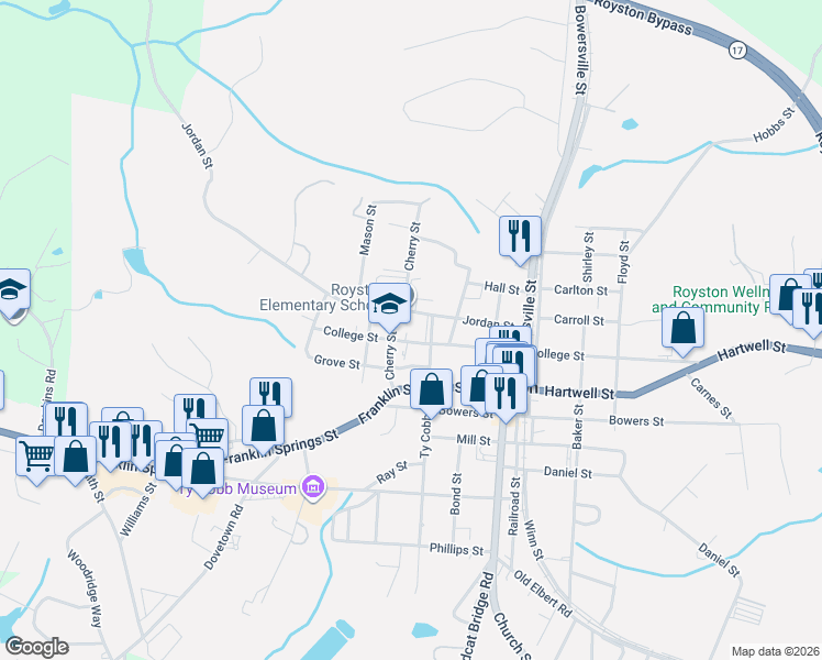 map of restaurants, bars, coffee shops, grocery stores, and more near 595 College Street in Royston
