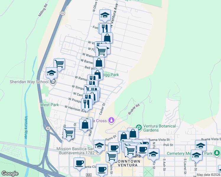 map of restaurants, bars, coffee shops, grocery stores, and more near 154 East Ramona Street in Ventura