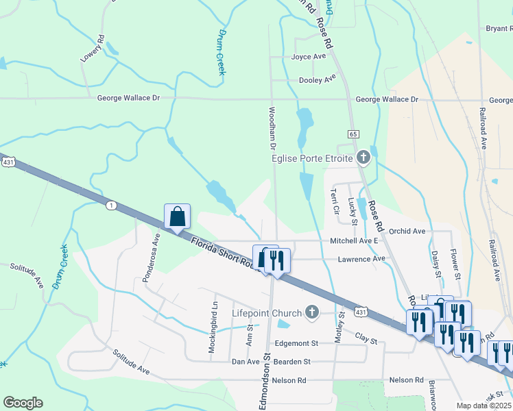 map of restaurants, bars, coffee shops, grocery stores, and more near 151 Woodham Drive in Albertville