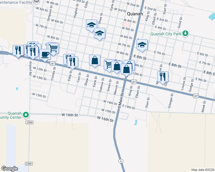 map of restaurants, bars, coffee shops, grocery stores, and more near 1200 Green Street in Quanah
