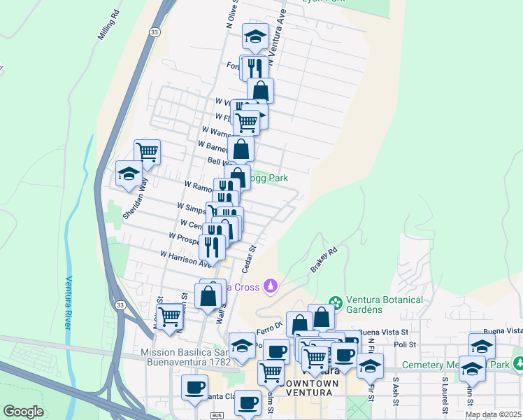 map of restaurants, bars, coffee shops, grocery stores, and more near 633 Cedar Street in Ventura