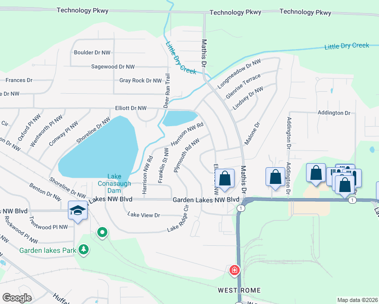 map of restaurants, bars, coffee shops, grocery stores, and more near 108 Plymouth Road Northwest in Rome