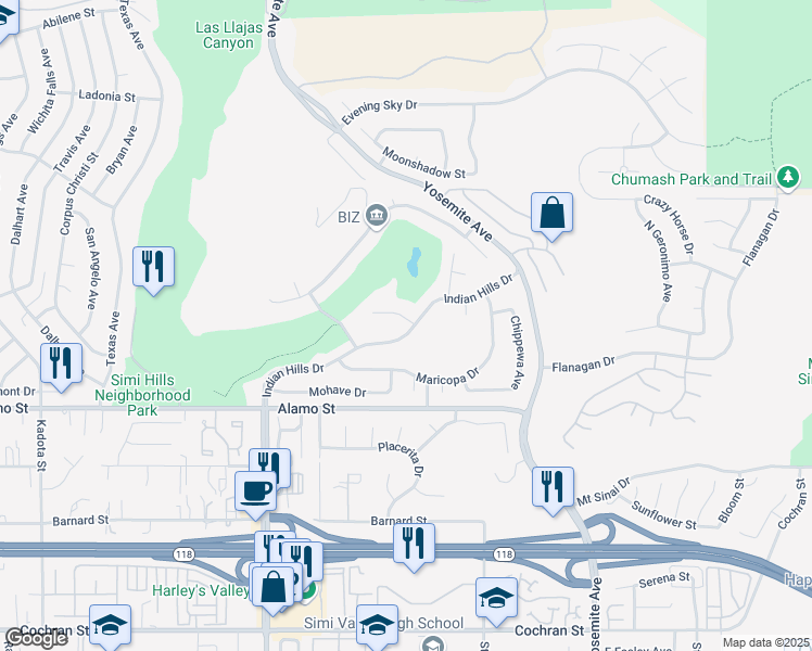 map of restaurants, bars, coffee shops, grocery stores, and more near 5474 Cochise Street in Simi Valley