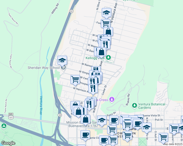 map of restaurants, bars, coffee shops, grocery stores, and more near 79 West Simpson Street in Ventura
