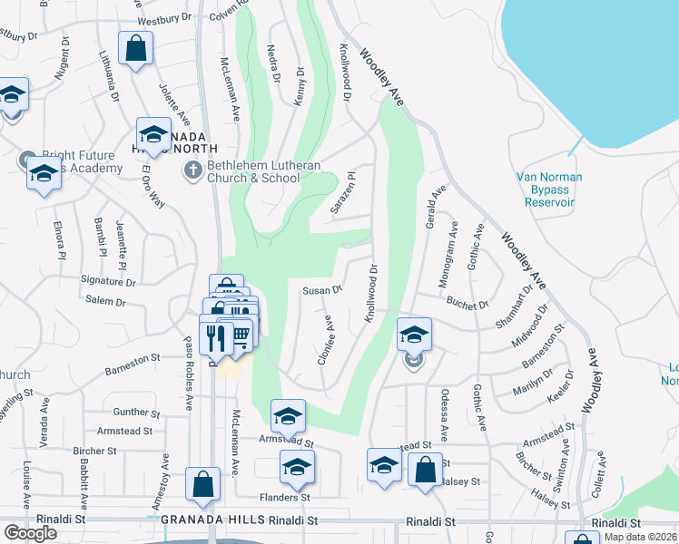 map of restaurants, bars, coffee shops, grocery stores, and more near 12035 Susan Drive in Los Angeles